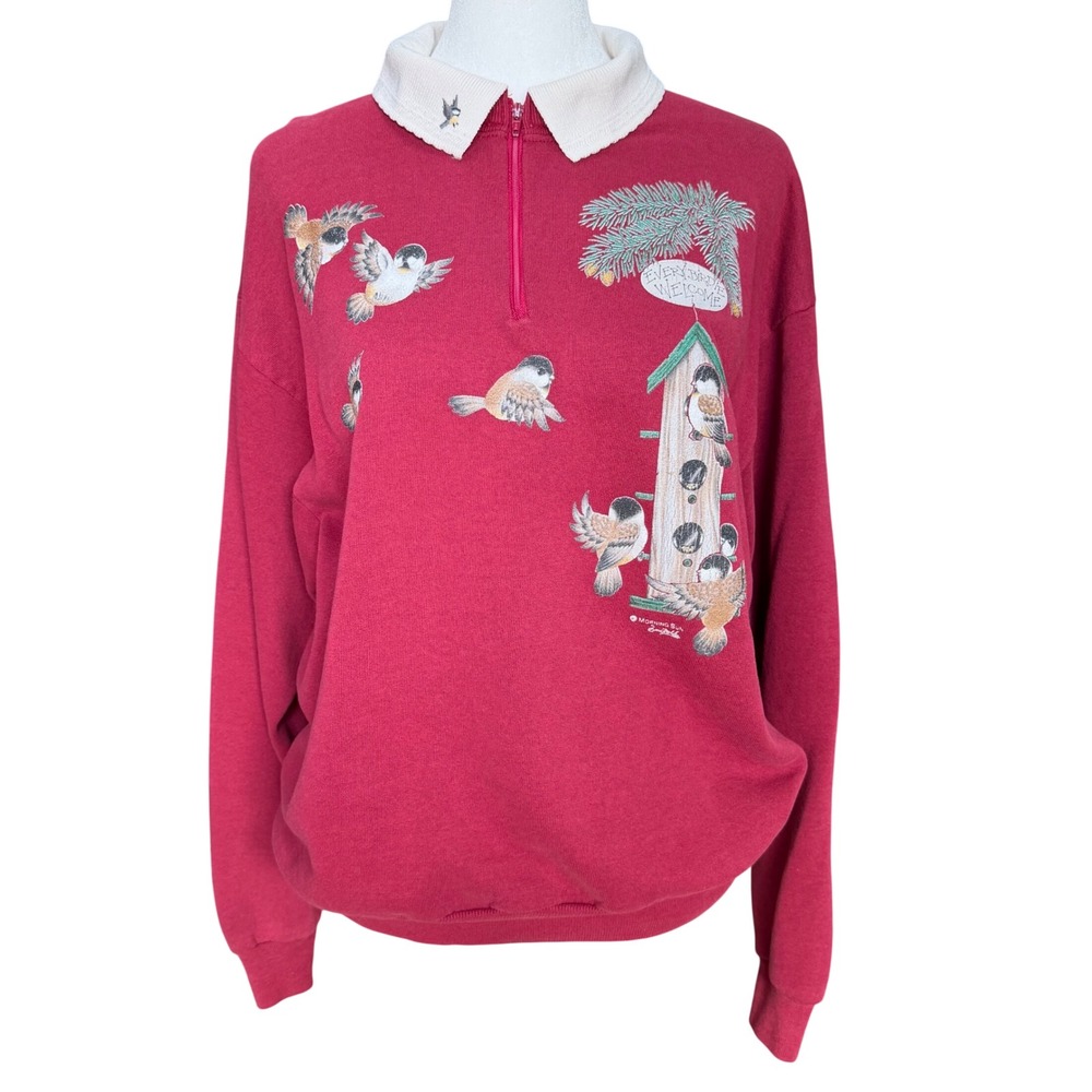 Vintage 90s Morning Sun Red Birdhouse Sweatshirt Quarter Zip Grandmacore M